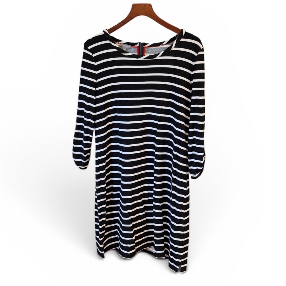 Casual Talbots Womens Black White Striped 3/4 Sleeve Shift Dress Rayon Blend M